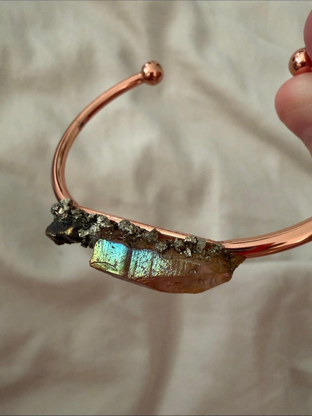 Rosegold Black Rainbow Quartz & Pink Aura Quartz Raw Stone Bracelet